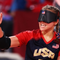 Amanda Dennis of the United States celebrates during the women\'s goalball preliminary group D game against Turkey. | REUTERS