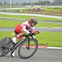 Keiko Sugiura competes in the women\'s C1-3 road cycling time trial at the Tokyo Paralympics at Fuji International Speedway in Shizuoka Prefecture on Tuesday.  | KYODO 