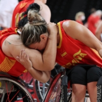 Spain\'s Judith Nunez Milan and Sonia Ruiz Escribano\'s react their team\'s loss to Britain in their quarterfinal wheelchair basketball match against Germany.  | REUTERS