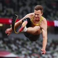 Germany\'s Markus Rehm competes during the long jump competition at the Tokyo Paralympics on Wednesday at National Stadium.  | REUTERS