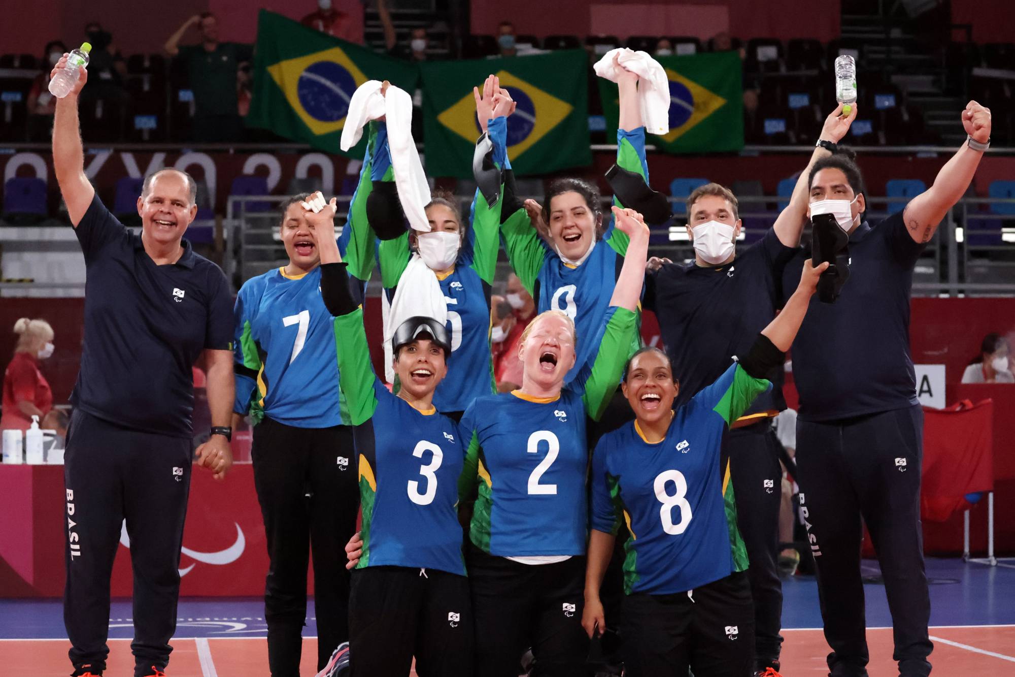 Brazil players and team officials celebrate defeating China in the women's goalball quarterfinal. | REUTERS