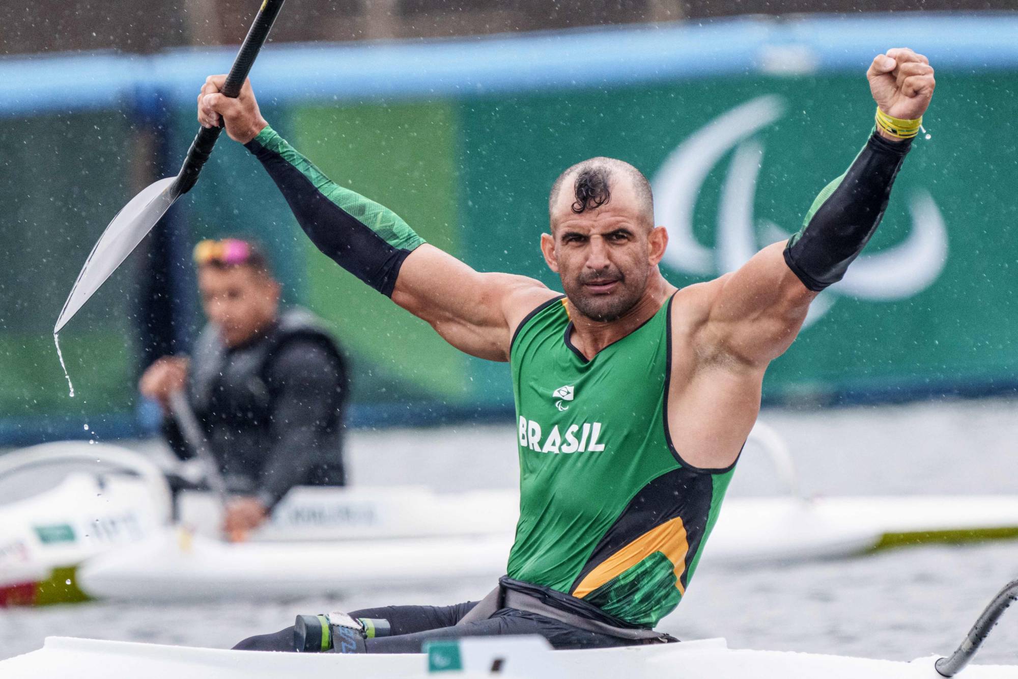 Brazil's Luis Carlos Cardoso da Silva reacts after a heat of the canoe sprint men's va'a single (VL3 200 meters). | AFP-JIJI