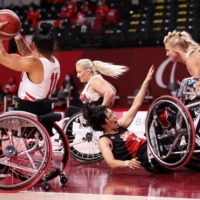 Chihiro Kitada takes a tumble during the Canada vs Japan women\'s playoff of wheelchair basketball. | REUTERS