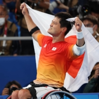 Japan\'s Shingo Kunieda celebrates after winning gold over Tom Egberink of the Netherlands.  | REUTERS