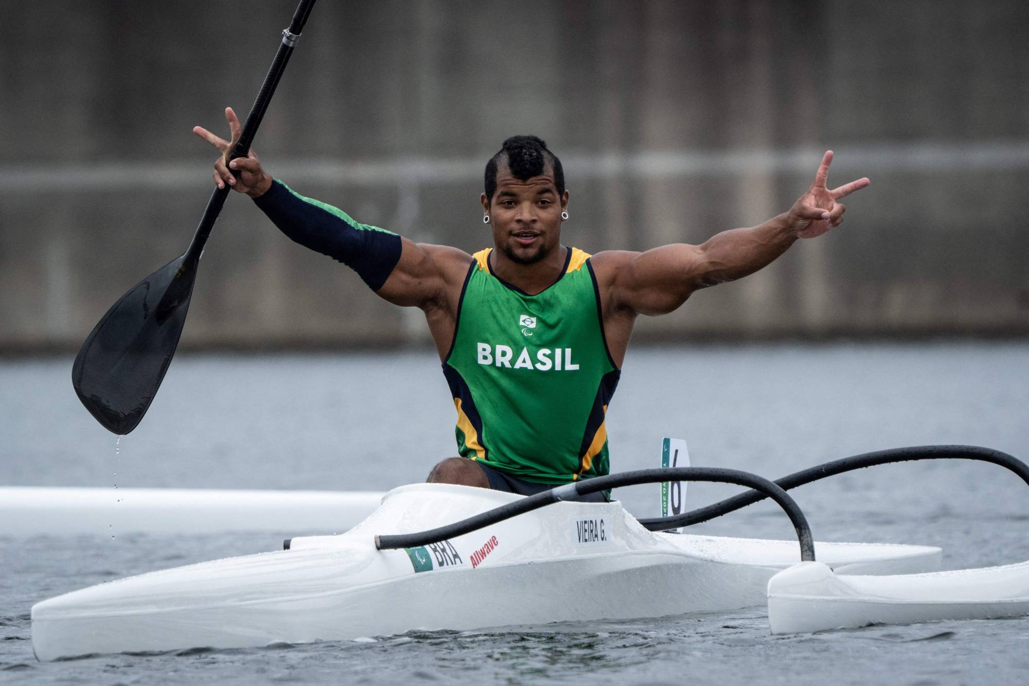 Brazil's Giovane Vieira de Paula reacts after competing in the final A of the canoe sprint men's va'a single 200 meters (VL3). | AFP-JIJI