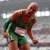 Brazil\'s Ricardo Gomes De Mendonca reacts after winning bronze in the men\'s T37 200 meters.  | REUTERS