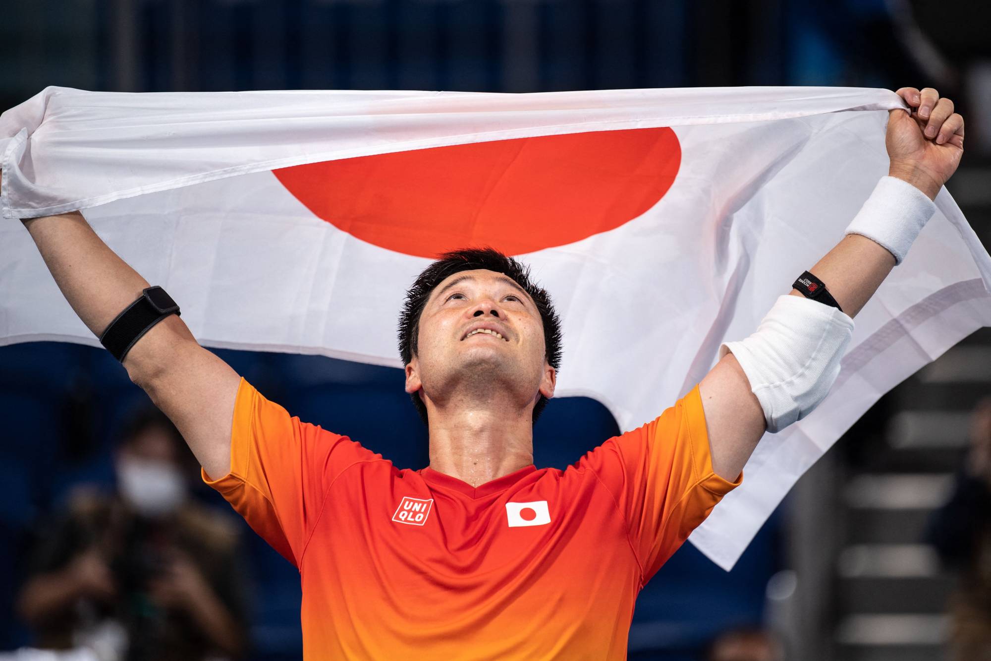 Shingo Kunieda celebrates after winning gold in the men's wheelchair tennis final on Saturday at Ariake Tennis Park. | AFP-Jiji