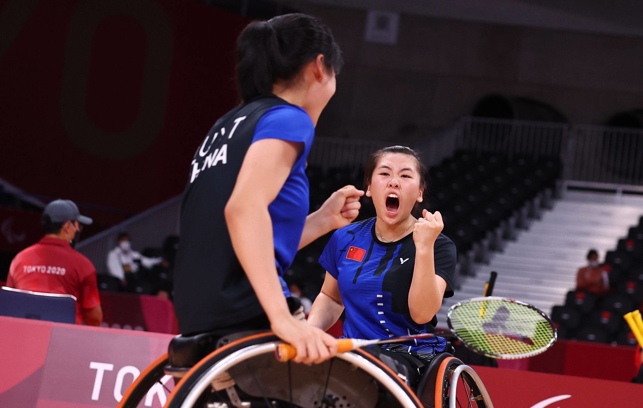 China's Yutong Liu and Menglu Yin react during their women's double's badminton gold medal match against Japan's Sarina Satomi and Yuma Yamazaki. | REUTERS