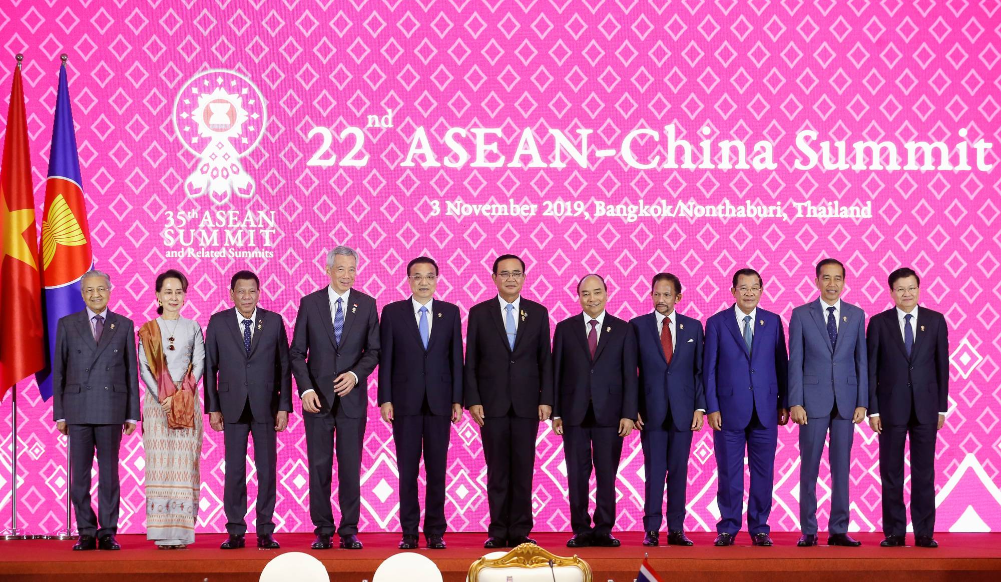 Leaders pose for a family photo at the ASEAN-China Summit in Bangkok in November 2019.  | REUTERS 