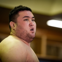 Yersin Baltagulov trains with Nihon University\'s sumo club on March 6, 2020. | JOHN GUNNING