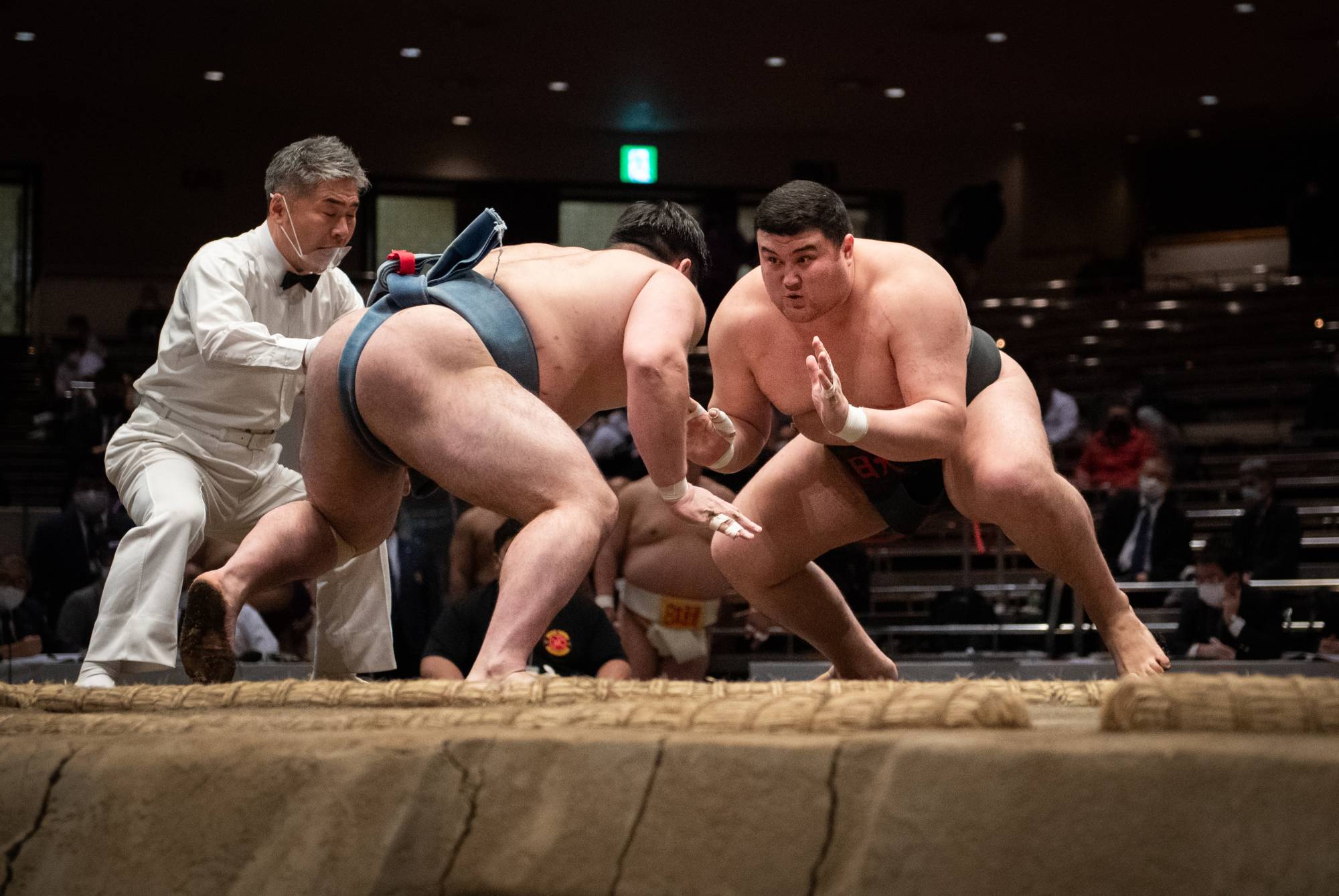 Yersin Baltagulov (right) competes at the All Japan Championships on Dec. 6 at Ryogoku Kokugikan. | JOHN GUNNING
