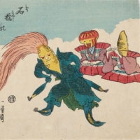 Utagawa Kuniyoshi’s “Corns’ Comic: Corn Swinging the Hair” | COURTESY OF OTA MEMORIAL MUSEUM OF ART