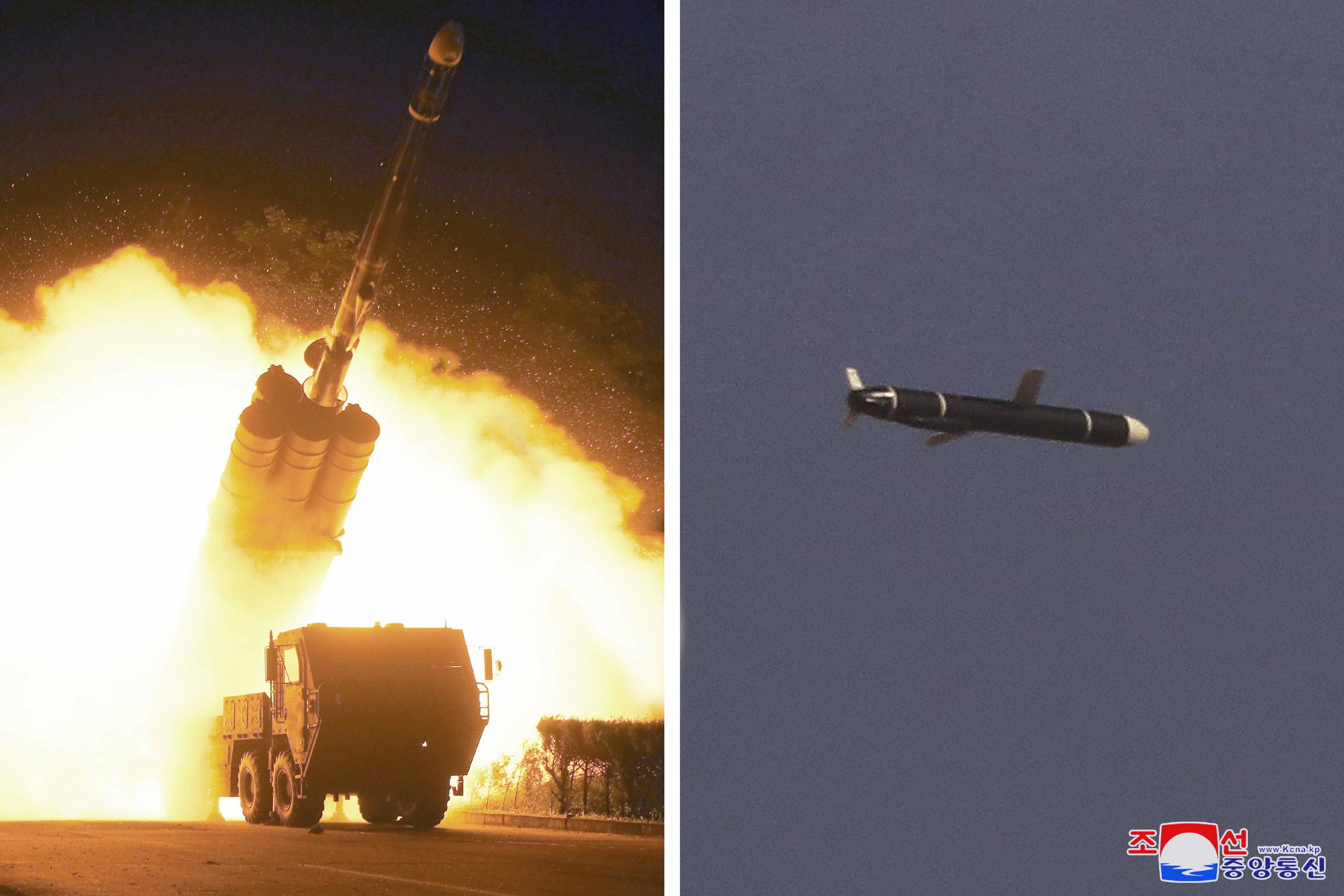 Long-range cruise missiles are tested in North Korea in these photos released Monday. | KCNA / VIA REUTERS