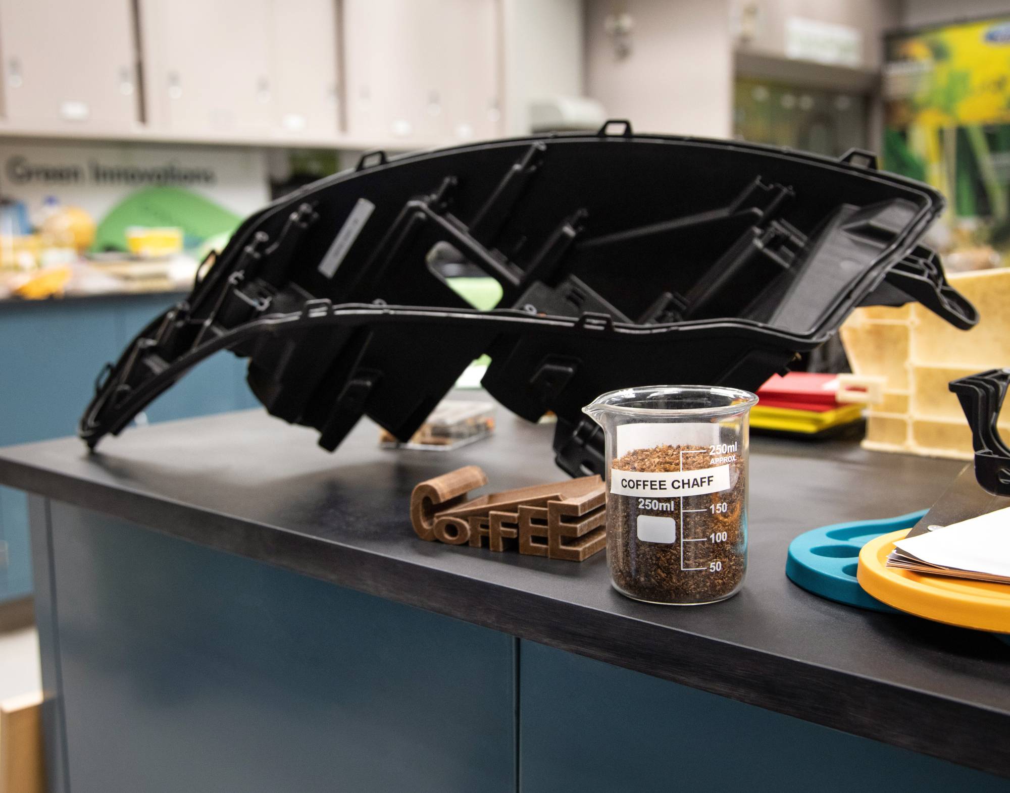Ford Motor is making a headlamp in part from coffee chaff, the unusable skin of roasted beans. | Ford Motor Co. / via The New York Times