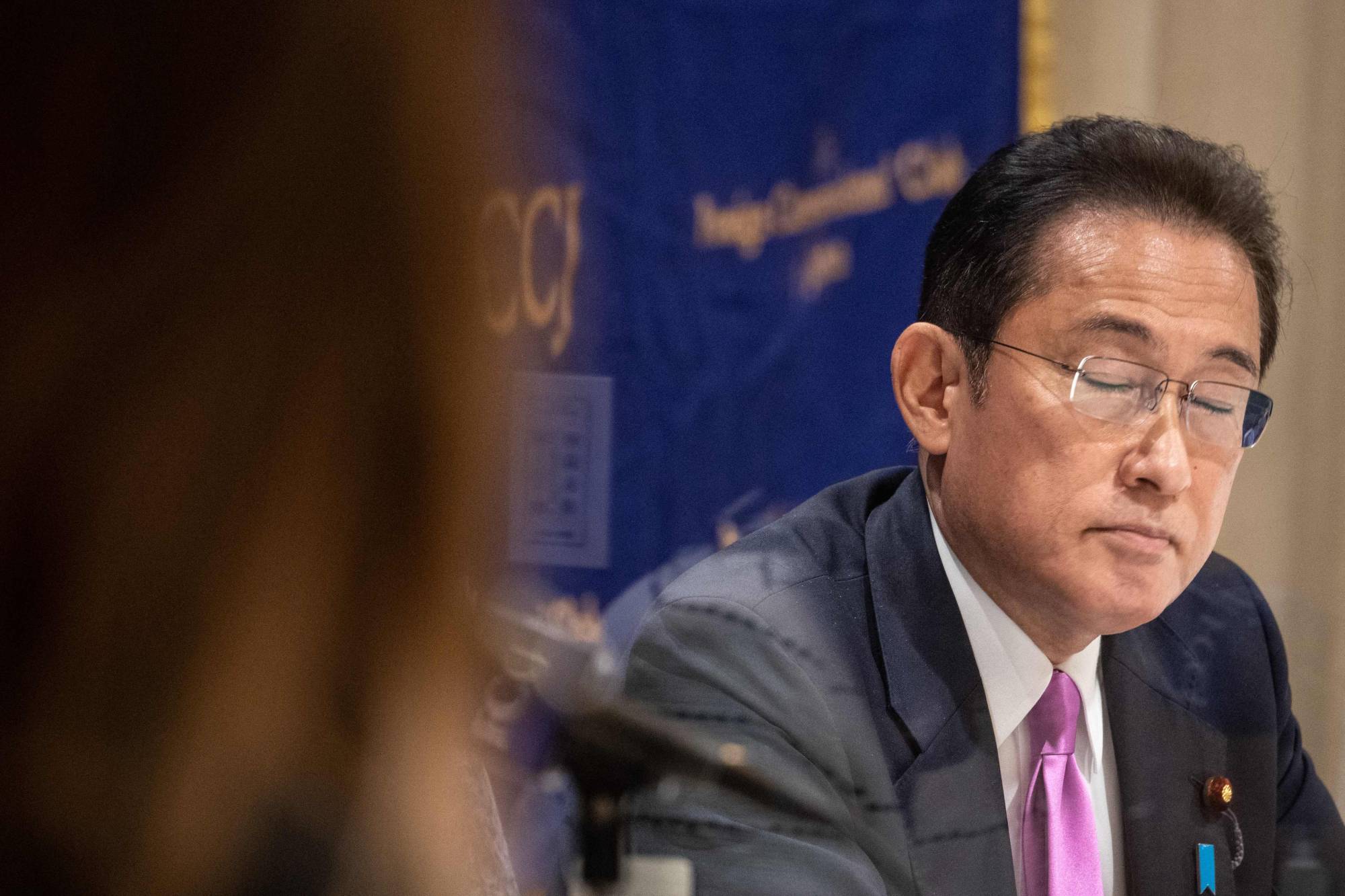 Former Foreign Minister Fumio Kishida of the Liberal Democratic Party attends a news conference at the Foreign Correspondents' Club of Japan in Tokyo on Monday. | AFP-JIJI