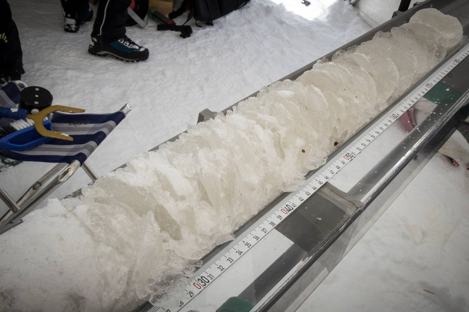An ice core closest to the bedrock on Monte Rosa at about 82 meters of depth in June 2021 | Courtesy of Enrico Costa for Ca' Foscari University of Venice / via REUTERS