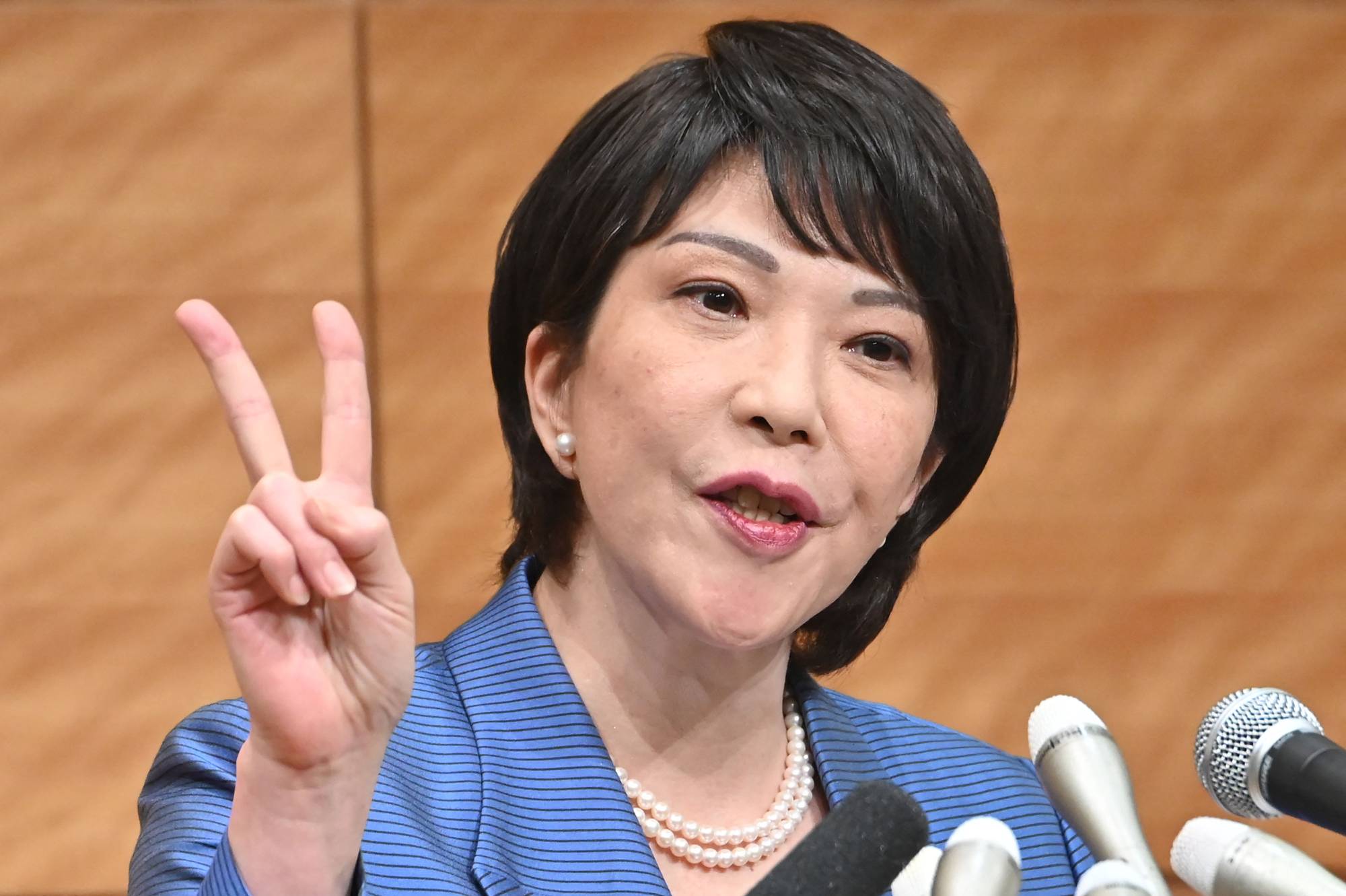 Former communications minister Sanae Takaichi speaks during a news conference on Sept. 8. | AFP-JIJI