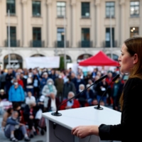 The co-leader of Germany\'s left-wing Die Linke party, Janine Wissler, campaigns in Munich on Sept. 17.  | REUTERS