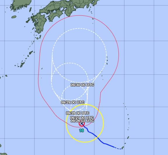The Meteorological Agency's forecast for Typhoon Mindulle. The wider area further north indicates the storm's uncertain path. | Meteorological Agency 