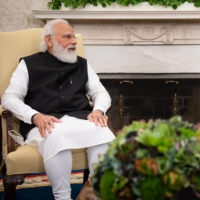 Indian Prime Minister Narendra Modi (left) speaks with U.S. President Joe Biden (right) during their meeting in the Oval Office of the White House in Washington on Friday. | BLOOMBERG
