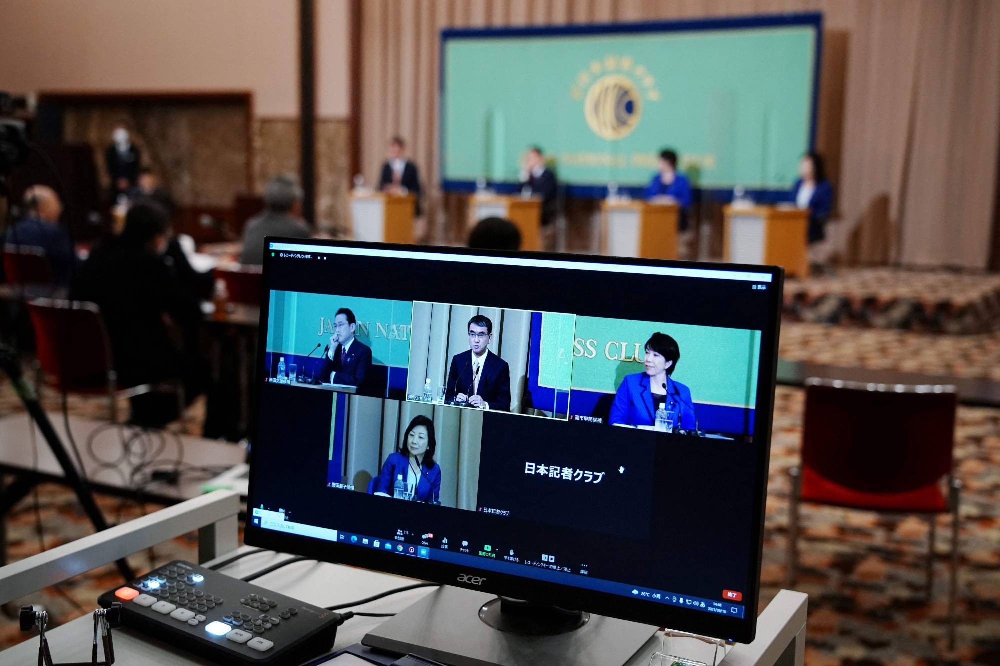 Candidates for the ruling Liberal Democratic Party's presidential election attend a debate at the Japan National Press Club in Tokyo on Sept 18. | POOL / VIA AFP-JIJI