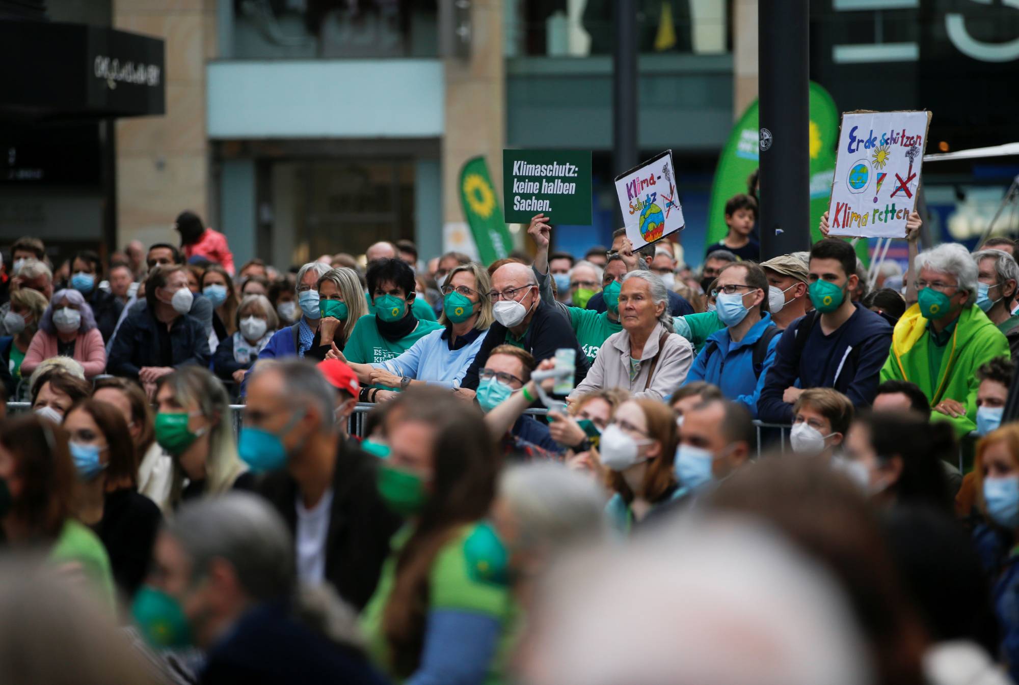 Climate change activists and Greens supporters attend a rally in Duesseldorf on Friday ahead of the German election.  | Reuters