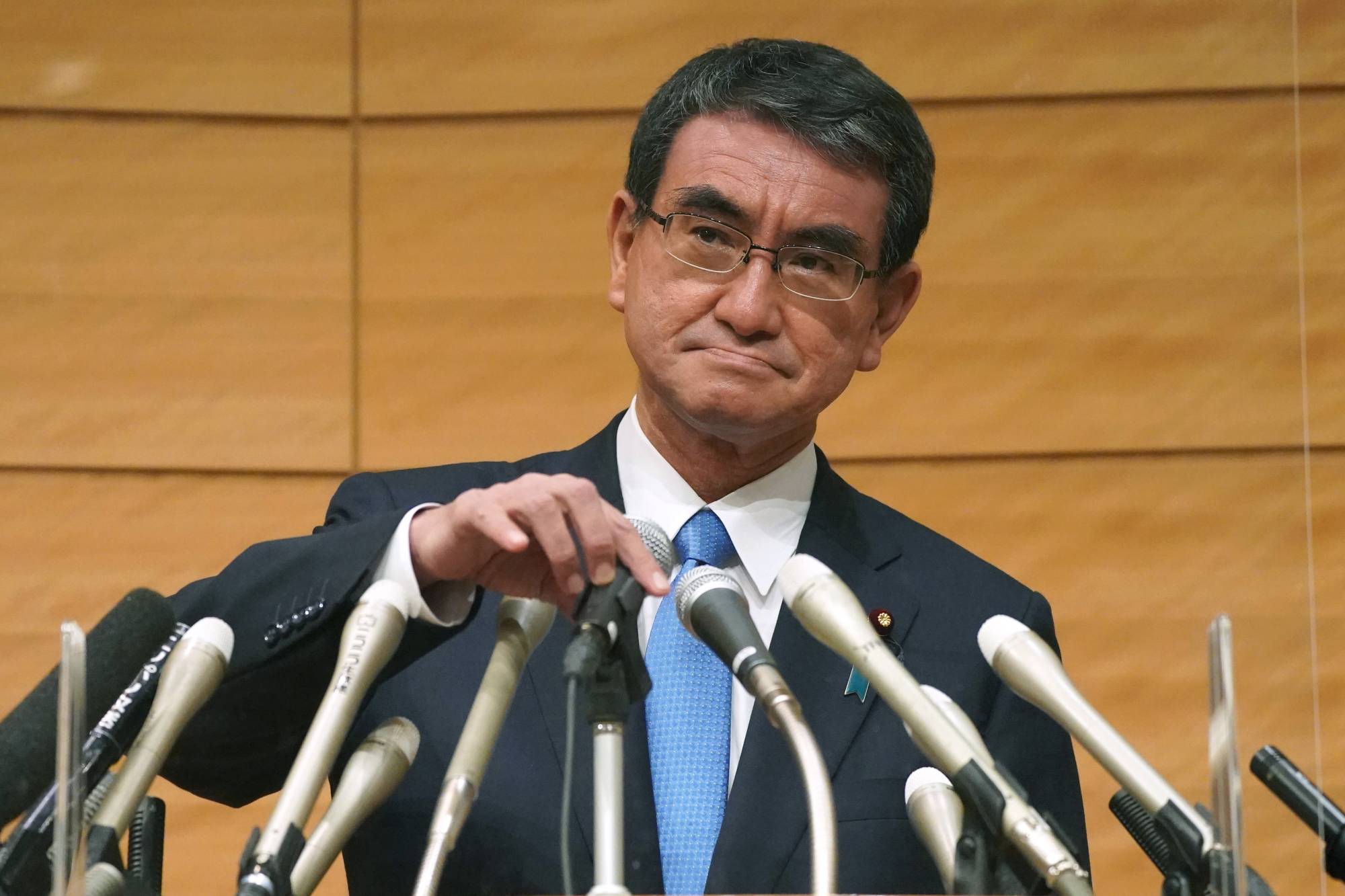Taro Kono's reputation as a maverick is built upon tension between himself and the old LDP guard, but he appears to be moderating positions to accommodate his opponents.  | BLOOMBERG