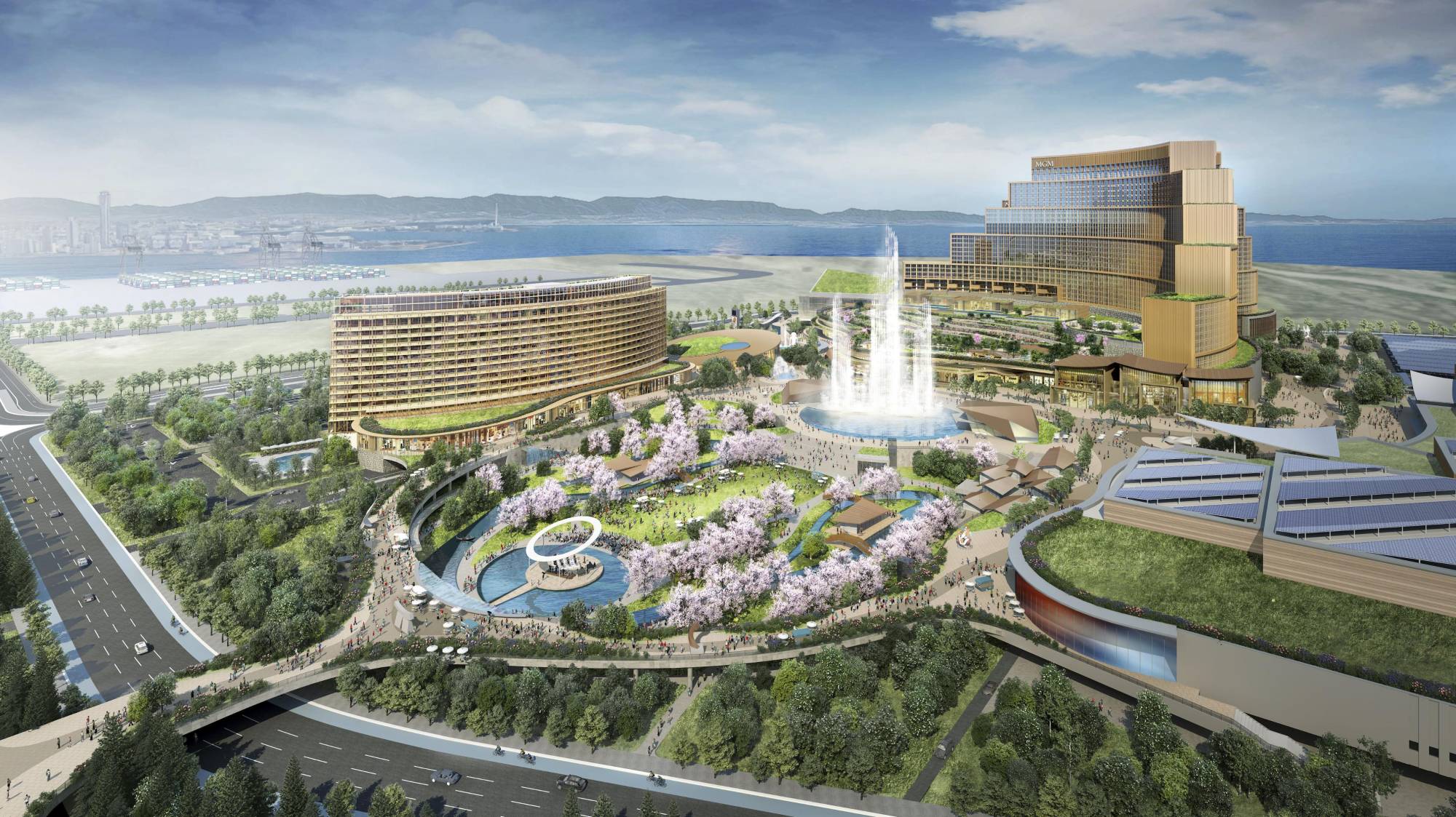 An artist's impression of an integrated casino complex planned for construction in Osaka. | COURTESY OF MGM RESORTS INTERNATIONAL AND ORIX CORP. / VIA KYODO
