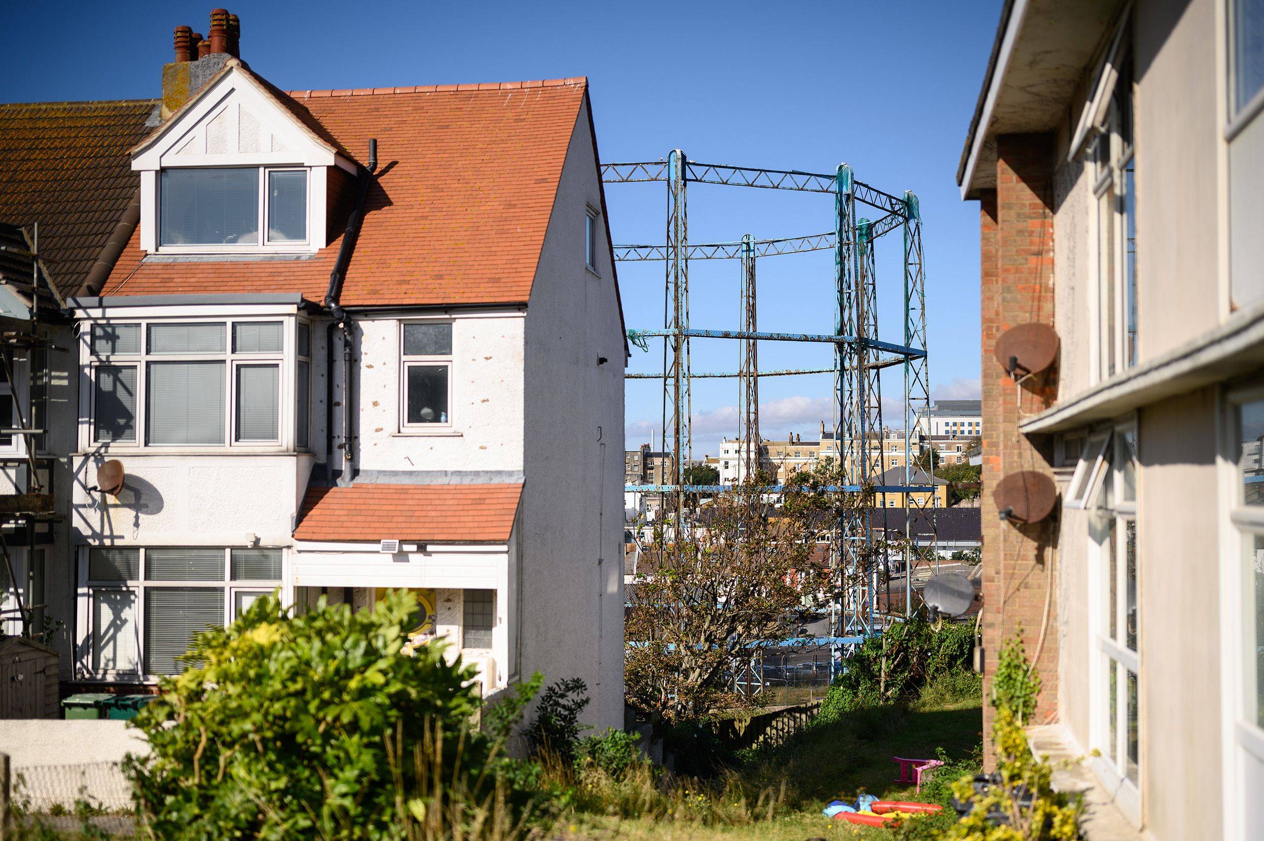 The framework of a disused storage tank at a former gasworks in Brighton. | Getty Images / via Bloomberg 