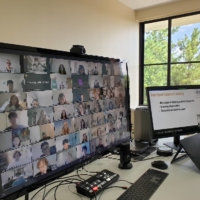 Foreign students listen to an online briefing on the curriculum at Nagoya University of Commerce and Business in Nisshin, Aichi Prefecture, in this handout photo from the university. The computer screen is blurred for privacy reasons. | CHUNICHI SHIMBUN