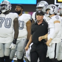 Las Vegas Raiders head coach Jon Gruden on the sideline during his team\'s game against the Los Angeles Chargers in Inglewood, California, on Monday.  | USA TODAY / VIA REUTERS