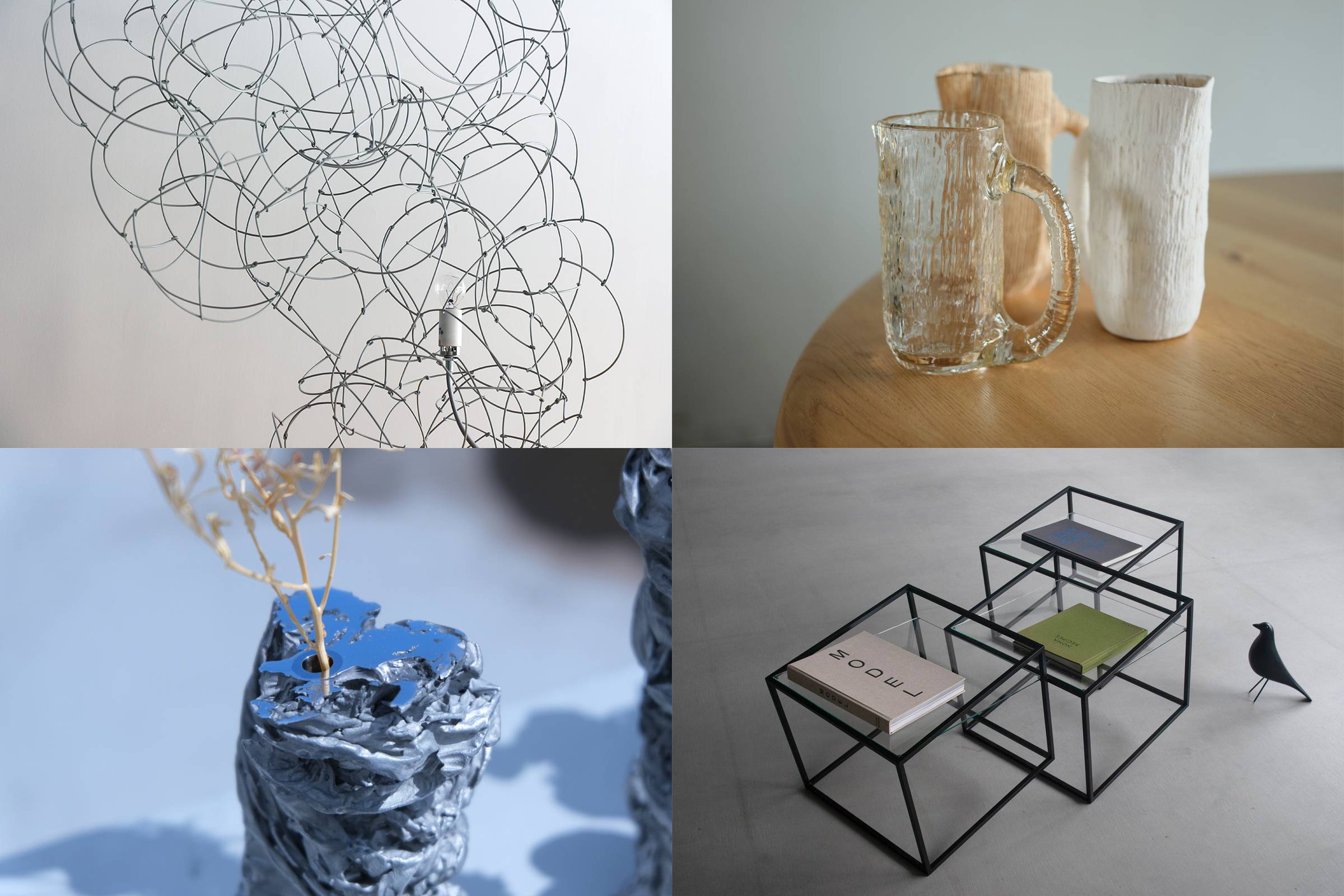 Works from the Kuradashi — The Archetypes creative market, clockwise from top left: “Bulge lines gray” by Norihiko Terayama; “Vannfall” works for Nedre Foss by Jin Kuramoto Studio; “A Different Corner” by Kazuhiro Yamanaka; and “Swirl” by we+. | 
