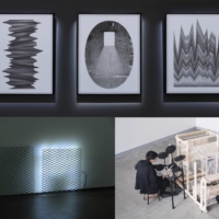 A selection of works from Designart’s “Under 30” collection, clockwise from top: Hiromasa Fukaji’s Plotter Drawing; Aroundant’s “Less than instrument” loom; and Aroundant’s “W-M project,” which is lit by embedded LED lights to give it a mysterious glow.
