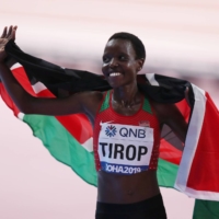 Kenya\'s Agnes Tirop reacts after finishing third in the final of the women\'s 10,000 meters at the world championships on Sept. 28, 2019. | REUTERS