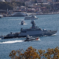 The Russian Navy\'s missile corvette Vyshny Volochek sails in the Bosphorus on Oct. 5, 2021. Ships from Russia\'s Pacific Fleet will hold joint naval drills with China in the Sea of Japan until Oct. 17. | REUTERS