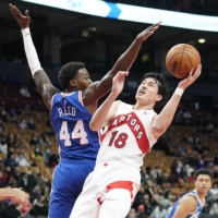 Raptors forward Yuta Watanabe (right) will miss the team\'s season opener on Wednesday with a calf strain. | USA TODAY / VIA REUTERS