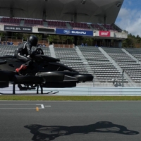 A video still shows the XTurismo Limited Edition hoverbike during a demonstration at Fuji Speedway in Oyama, Shizuoka Prefecture, on Tuesday. | A.L.I. TECHNOLOGIES / VIA REUTERS