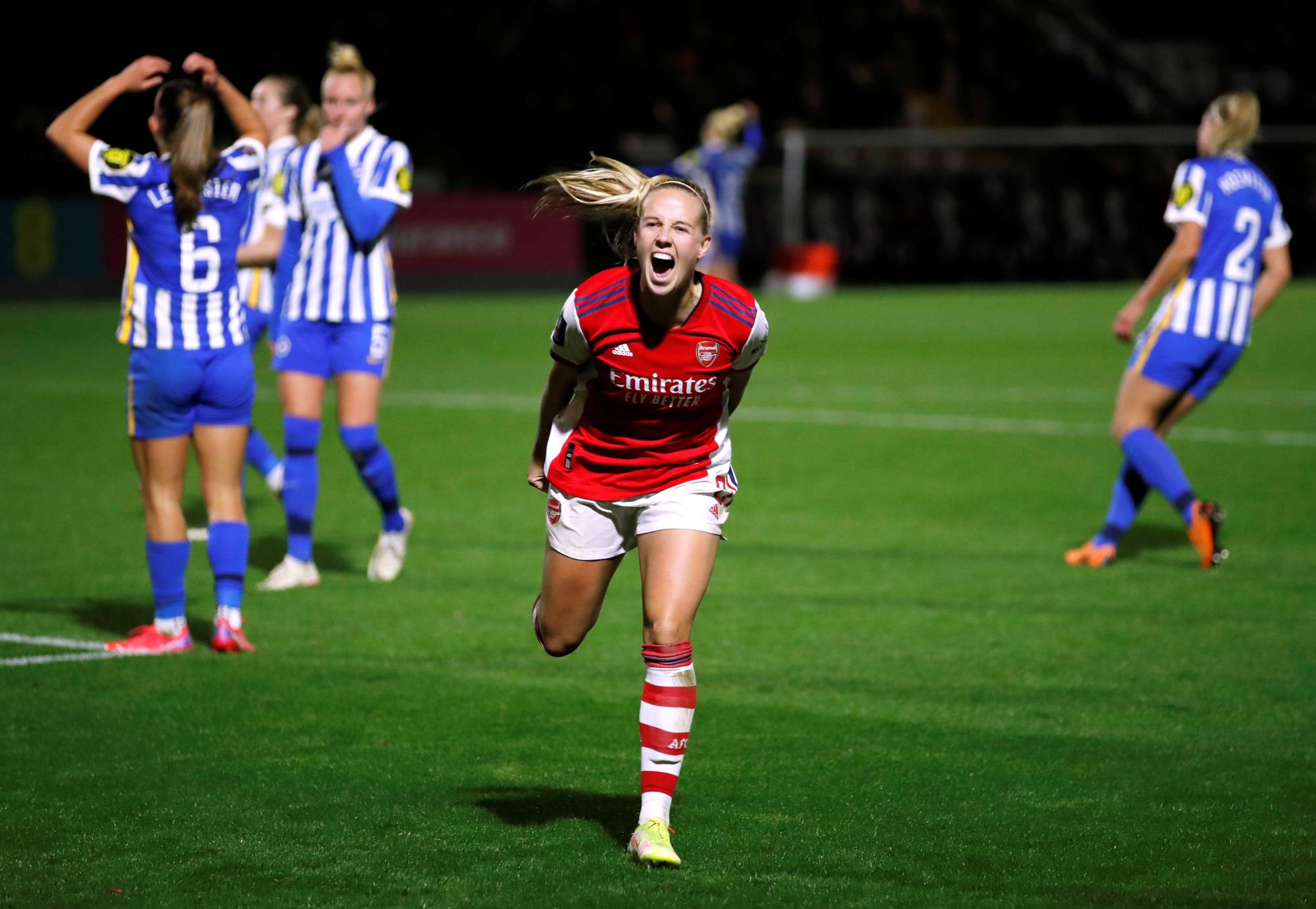 Arsenal's Beth Mead celebrates after scoring against Brighton & Hove Albion during the F.A. Cup semifinals in Borehamwood, England, on Sunday. | REUTERS