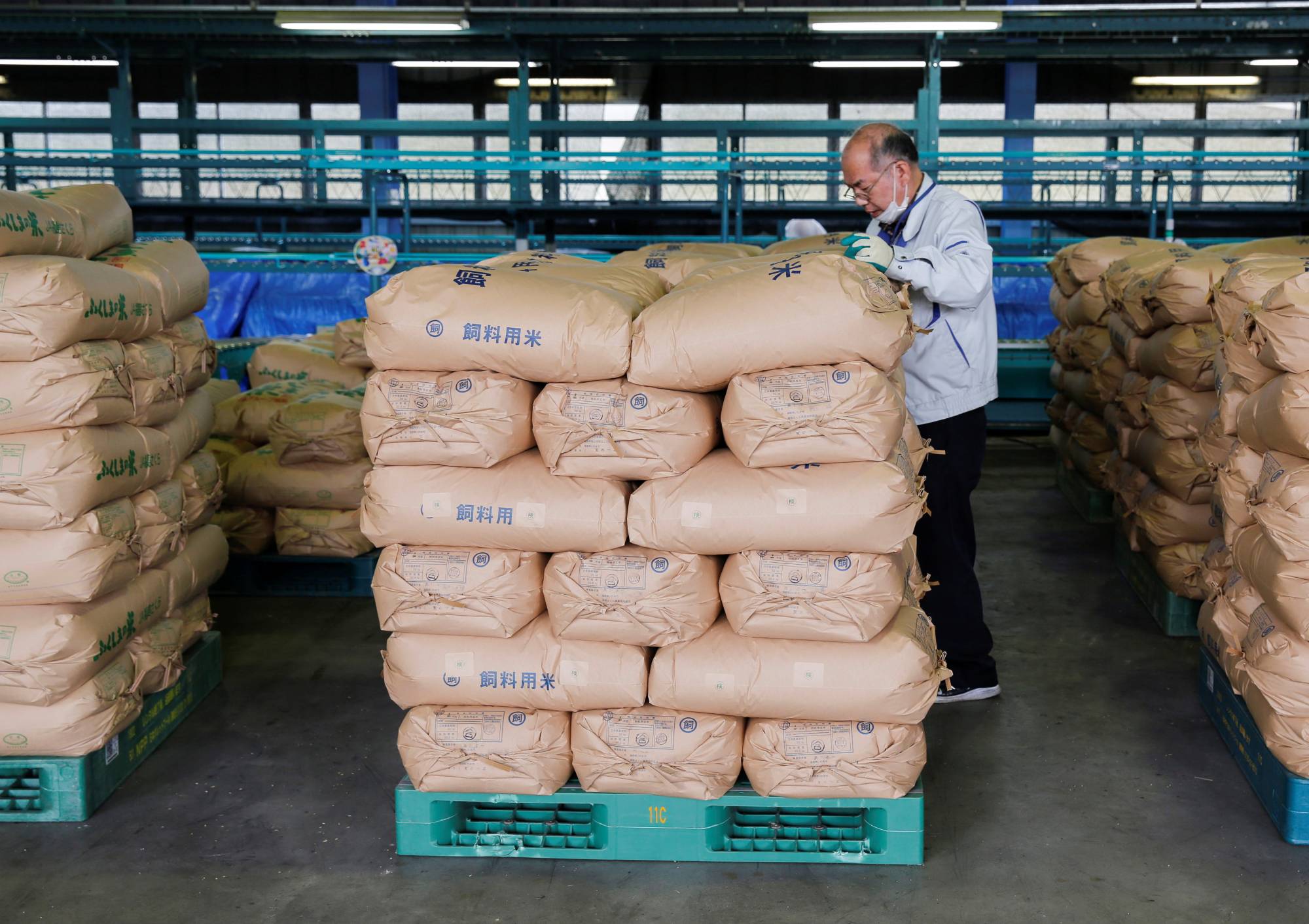 A farmer checks on packs of rice ready for delivery at a sorting site for produce in Iwaki, Fukushima Prefecture, on Tuesday. | Reuters