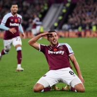 West Ham\'s Pablo Fornals celebrates after scoring against Liverpool in London on Sunday. | REUTERS