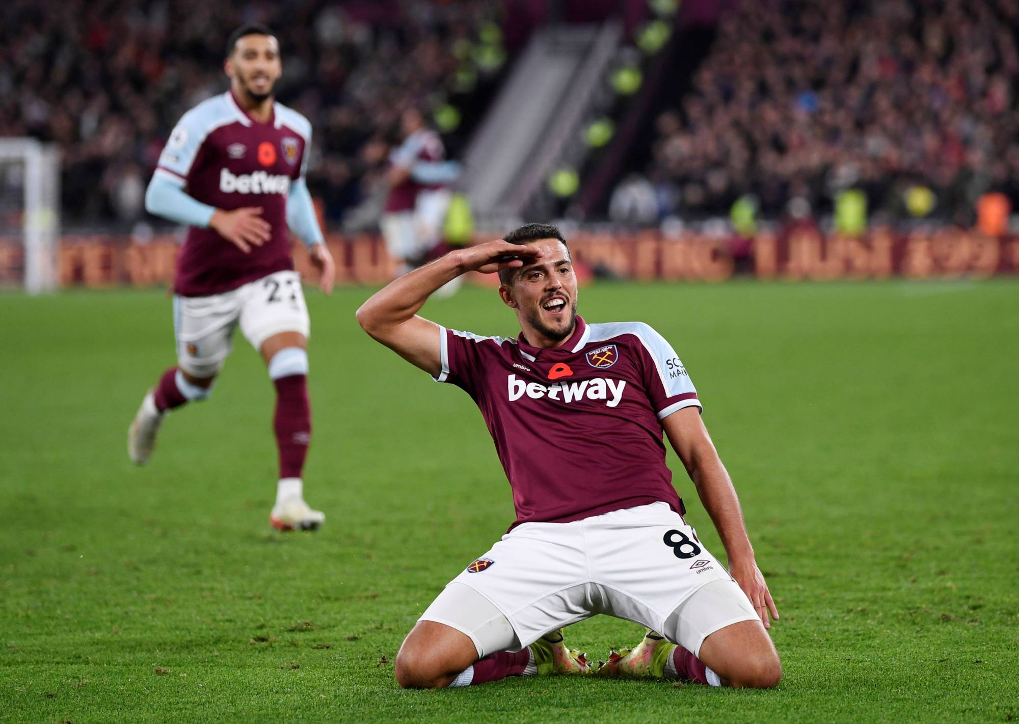 West Ham's Pablo Fornals celebrates after scoring against Liverpool in London on Sunday. | REUTERS