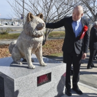 A bronze statue of Akita dog Wasao is unveiled in Ajigasawa, Aomori Prefecture, on Monday, with the dog\'s owner Tadamitsu Kikuya standing by it during a ceremony. | KYODO