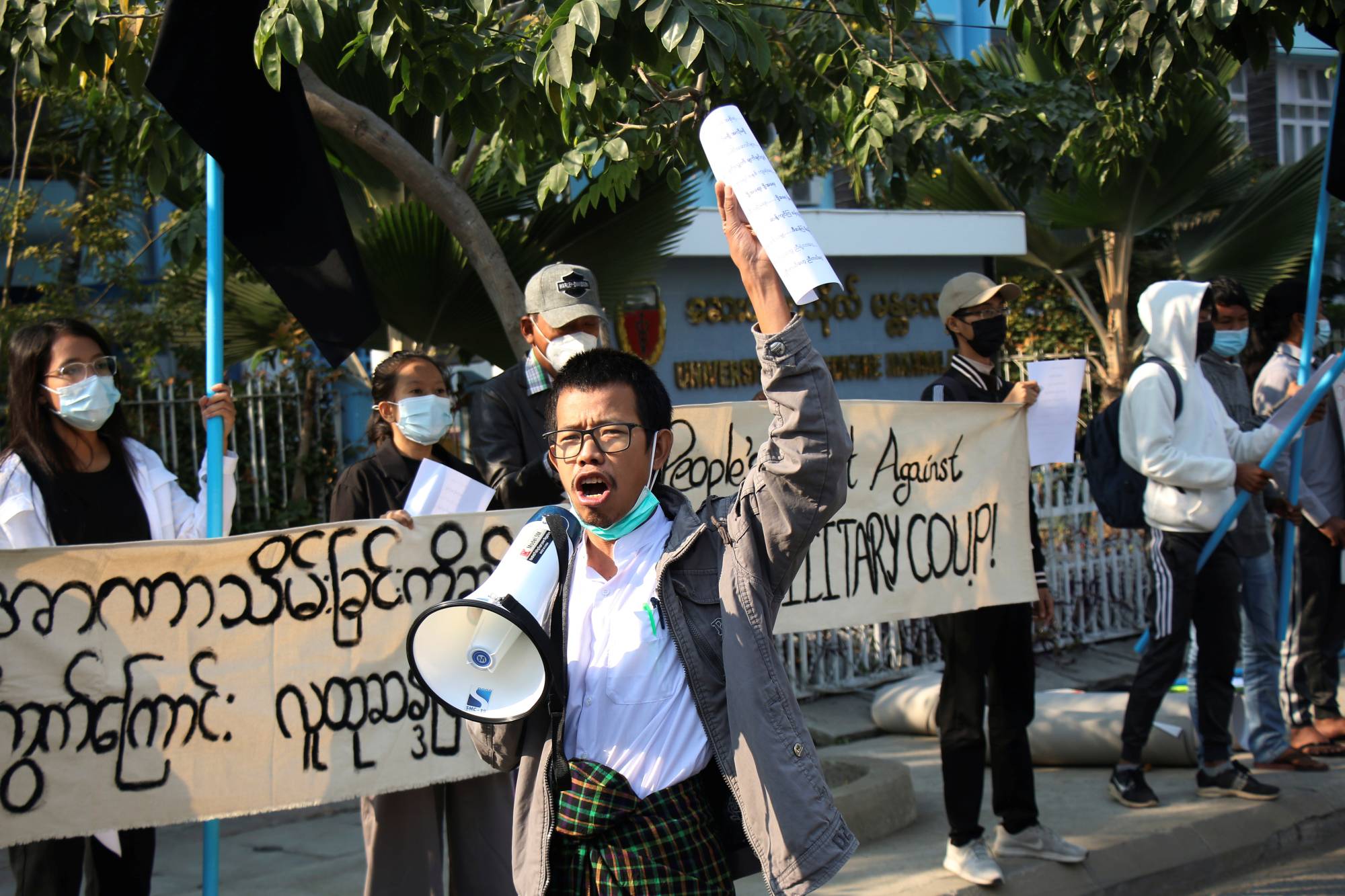 Tayzar San, a protest leader, takes part in a demonstration against the military coup in Mandalay, Myanmar, in February. | REITERS 