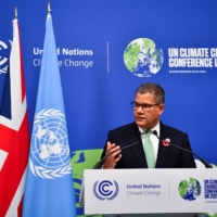 COP26 President Alok Sharma addresses the U.N. Climate Change Conference in Glasgow, Scotland, on Saturday.  | REUTERS 