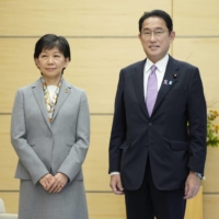 Prime Minister Fumio Kishida meets with Izumi Nakamitsu, U.N. undersecretary-general and high representative for disarmament affairs, at the Prime Minister\'s Office in Tokyo on Monday. | KYODO