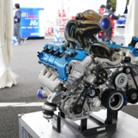 A Yamaha Motor Co. V8 hydrogen engine displayed at Okayama International Circuit in Mimasaka, Okayama Prefecture, on Saturday | BLOOMBERG