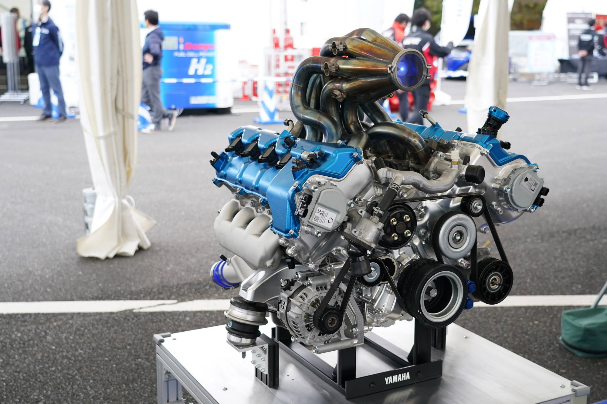 A Yamaha Motor Co. V8 hydrogen engine displayed at Okayama International Circuit in Mimasaka, Okayama Prefecture, on Saturday | Bloomberg