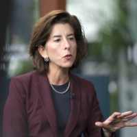 U.S. Commerce Secretary Gina Raimondo speaks during a Bloomberg Television interview on the sidelines of the Bloomberg New Economy Forum in Singapore on Wednesday. | BLOOMBERG