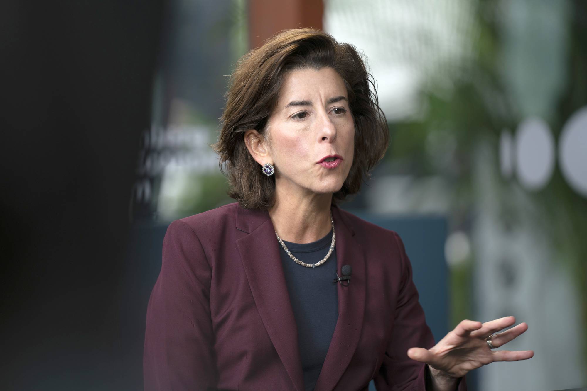U.S. Commerce Secretary Gina Raimondo speaks during a Bloomberg Television interview on the sidelines of the Bloomberg New Economy Forum in Singapore on Wednesday. | BLOOMBERG