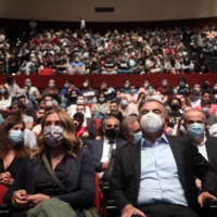 Former Nissan chief Carlos Ghosn and his wife, Carole, attend a roundtable event at St. Joseph University in Beirut on Oct. 28. | BLOOMBERG